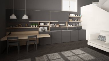 Minimalist modern beyaz, gri ve ahşap mutfak temiz merdiven ile çağdaş açık alanda, kanepe ve halı ile oturma odası, iç tasarım mimari konsept fikir