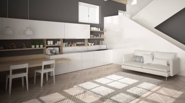 Minimalist modern beyaz, gri ve ahşap mutfak temiz merdiven ile çağdaş açık alanda, kanepe ve halı ile oturma odası, iç tasarım mimari konsept fikir