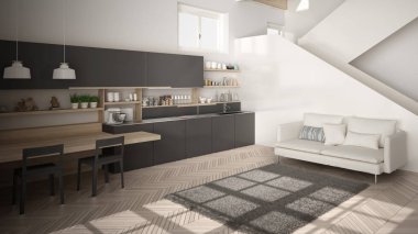 Minimalist modern beyaz, gri ve ahşap mutfak temiz merdiven ile çağdaş açık alanda, kanepe ve halı ile oturma odası, iç tasarım mimari konsept fikir