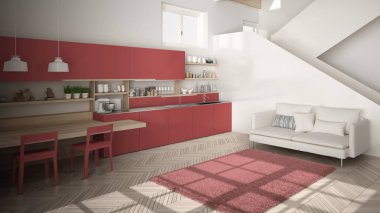 Minimalist, beyaz, kırmızı ve ahşap mutfak. Çağdaş, açık alanda. Temiz merdivenleri, kanepesi ve halısı olan oturma odası.