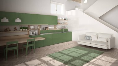 Minimalist modern beyaz, temiz merdivenile çağdaş açık alanda yeşil ve ahşap mutfak, kanepe ve halı ile oturma odası, iç tasarım mimari konsept fikri