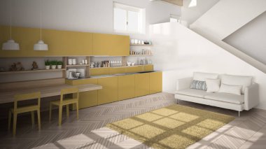 Minimalist modern beyaz, temiz merdivenile çağdaş açık alanda sarı ve ahşap mutfak, kanepe ve halı ile oturma odası, iç tasarım mimari konsept fikri