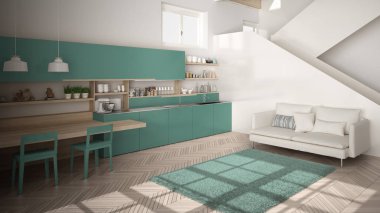 Minimalist modern beyaz, turkuaz ve ahşap mutfak temiz merdiven ile çağdaş açık alanda, kanepe ve halı ile oturma odası, iç tasarım mimari konsept fikir