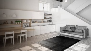 Mimar iç tasarımcı kavramı: gerçek olur bitmemiş proje, merdiven ile açık alanda minimalist modern mutfak, oturma odası, modern iç tasarım konsept fikri