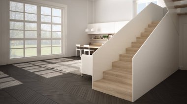 Temiz merdiven, kanepe ve halı ile oturma odası, iç tasarım mimari konsept fikri ile çağdaş açık alanda minimalist modern beyaz ve ahşap mutfak
