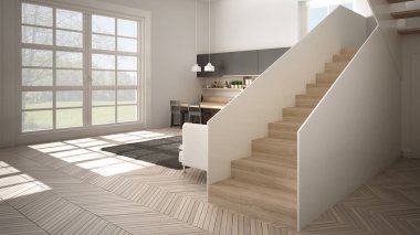 Minimalist modern beyaz, gri ve ahşap mutfak temiz merdiven ile çağdaş açık alanda, kanepe ve halı ile oturma odası, iç tasarım mimari konsept fikir