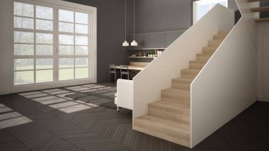 Minimalist modern beyaz, gri ve ahşap mutfak temiz merdiven ile çağdaş açık alanda, kanepe ve halı ile oturma odası, iç tasarım mimari konsept fikir