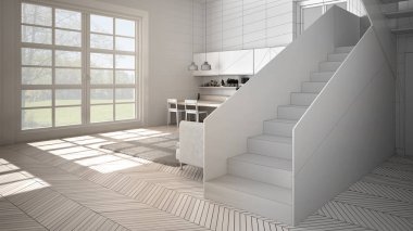 Mimar iç tasarımcı kavramı: gerçek olur bitmemiş proje, merdiven ile açık alanda minimalist modern mutfak, oturma odası, modern iç tasarım konsept fikri