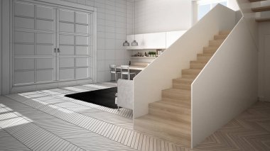 Mimar iç tasarımcı kavramı: gerçek olur bitmemiş proje, merdiven ile açık alanda minimalist modern mutfak, oturma odası, modern iç tasarım konsept fikri