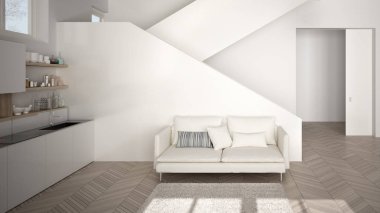 Temiz merdiven, kanepe ve halı ile oturma odası, iç tasarım mimari konsept fikri ile çağdaş açık alanda minimalist modern beyaz ve ahşap mutfak