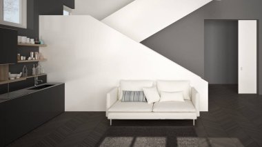 Minimalist modern beyaz, gri ve ahşap mutfak temiz merdiven ile çağdaş açık alanda, kanepe ve halı ile oturma odası, iç tasarım mimari konsept fikir