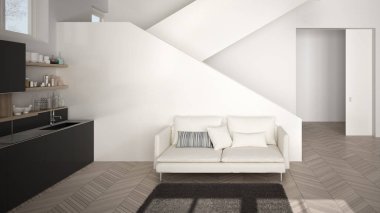 Minimalist modern beyaz, gri ve ahşap mutfak temiz merdiven ile çağdaş açık alanda, kanepe ve halı ile oturma odası, iç tasarım mimari konsept fikir