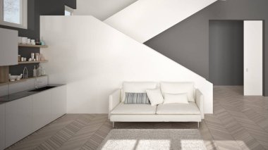 Minimalist modern beyaz, gri ve ahşap mutfak temiz merdiven ile çağdaş açık alanda, kanepe ve halı ile oturma odası, iç tasarım mimari konsept fikir