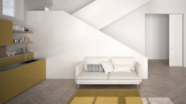 Minimalist modern beyaz, temiz merdivenile çağdaş açık alanda sarı ve ahşap mutfak, kanepe ve halı ile oturma odası, iç tasarım mimari konsept fikri