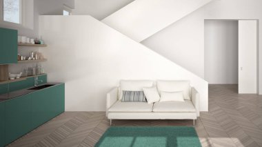 Minimalist modern beyaz, turkuaz ve ahşap mutfak temiz merdiven ile çağdaş açık alanda, kanepe ve halı ile oturma odası, iç tasarım mimari konsept fikir