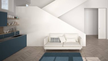 Minimalist modern beyaz, mavi ve ahşap mutfak temiz merdiven ile çağdaş açık alanda, kanepe ve halı ile oturma odası, iç tasarım mimari konsept fikir
