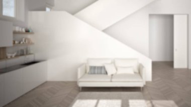 Bulanıklık arka plan iç tasarım, merdiven ile açık alanda minimalist modern mutfak, oturma odası, modern iç tasarım mimari konsept fikir