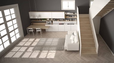 Minimalist modern beyaz, gri ve ahşap mutfak temiz merdiven ile çağdaş açık alanda, kanepe ve halı ile oturma odası, iç tasarım mimari konsept fikir, üst görünümü