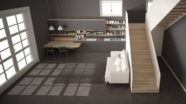 Minimalist modern beyaz, gri ve ahşap mutfak temiz merdiven ile çağdaş açık alanda, kanepe ve halı ile oturma odası, iç tasarım mimari konsept fikir, üst görünümü