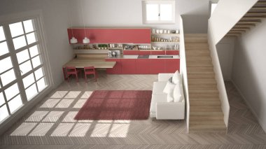 Minimalist modern beyaz, temiz merdivenli çağdaş açık alanda kırmızı ve ahşap mutfak, kanepe ve halı ile oturma odası, iç tasarım mimari konsept fikri, üst görünüm