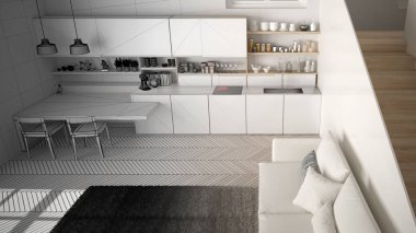 Mimar iç tasarımcı kavramı: gerçek olur bitmemiş proje, merdiven ile minimalist modern mutfak, oturma odası, modern iç tasarım konsept fikri, üst görünümü