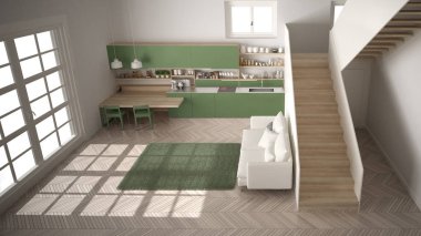 Minimalist modern beyaz, temiz merdivenli çağdaş açık alanda yeşil ve ahşap mutfak, kanepe ve halı ile oturma odası, iç tasarım mimari konsept fikri, üst görünüm