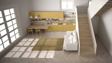 Temiz merdivenli çağdaş açık alanda minimalist modern beyaz sarı ve ahşap mutfak, kanepe ve halı ile oturma odası, iç tasarım mimari konsept fikri, üst görünümü