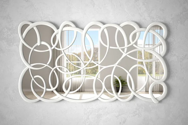 인테리어 디자인 장면을 반영 벽에 매달려 현대 트위스트 모양 거울, 파노라마 창문, 미니멀 한 흰색 건축, 건축가 디자이너 개념과 세련된 방 — 스톡 사진