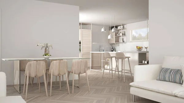 Modernt vitt kök med trädetaljer och parkettgolv, moderna pendellampor, minimalistisk inredning och design konceptidé, ön med pallar och tillbehör — Stockfoto