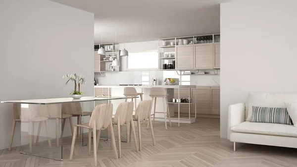 Cuisine moderne blanche avec détails en bois et parquet, lampes suspendues modernes, concept minimaliste de design d'intérieur, îlot avec tabourets et accessoires — Photo