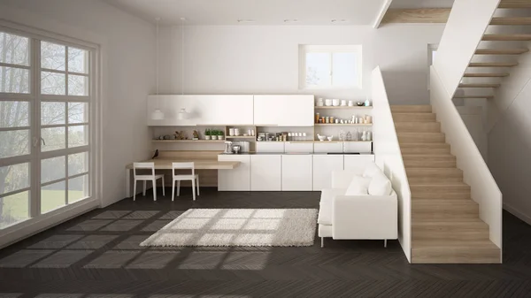 Minimalista moderna cocina blanca y de madera en el espacio abierto contemporáneo con escalera limpia, sala de estar con sofá y alfombra, idea de concepto de arquitectura de diseño de interiores —  Fotos de Stock