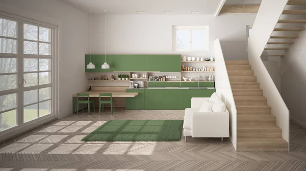 Минималистская современная белая, зеленая и деревянная кухня в современном открытом пространстве с чистой лестницей, гостиная с диваном и ковром, концепция дизайна интерьера — стоковое фото