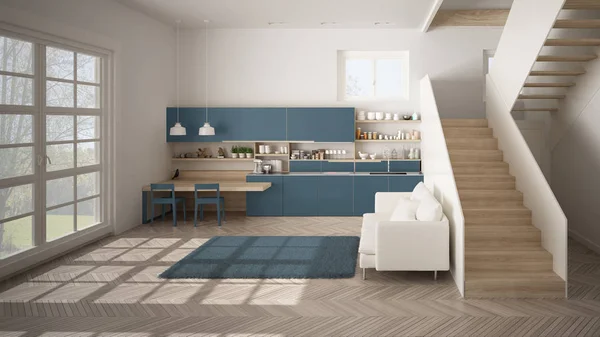 Minimalista moderna cocina blanca, azul y de madera en el espacio abierto contemporáneo con escalera limpia, sala de estar con sofá y alfombra, idea de concepto de arquitectura de diseño de interiores —  Fotos de Stock