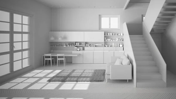 Projet blanc total de cuisine moderne minimaliste dans un espace ouvert contemporain avec escalier propre, salon avec canapé et tapis, idée de concept d'architecture d'intérieur — Photo