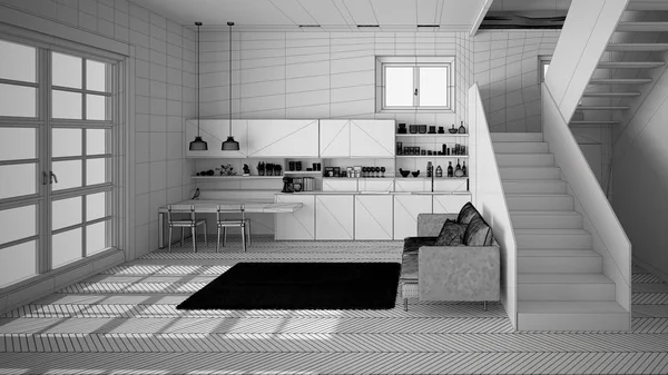 Temiz merdiven, kanepe ve halı ile oturma odası, modern iç tasarım mimari konsept fikri ile çağdaş açık alanda minimalist modern mutfak bitmemiş proje