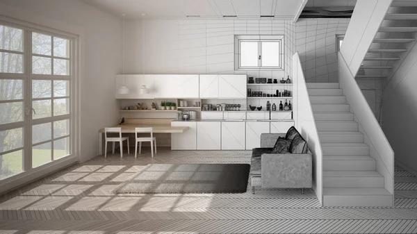 Mimar iç tasarımcı kavramı: gerçek olur bitmemiş proje, merdiven ile açık alanda minimalist modern mutfak, oturma odası, modern iç tasarım konsept fikri