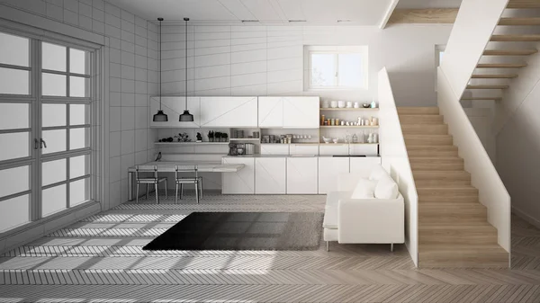 Architetto concetto di interior designer: progetto incompiuto che diventa reale, cucina moderna minimalista in open space con scala, soggiorno, moderna idea concetto di interior design — Foto Stock