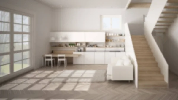 Fond flou design d'intérieur, cuisine moderne minimaliste dans un espace ouvert avec escalier, salon, design d'intérieur moderne idée de concept d'architecture — Photo