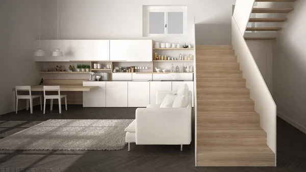 Minimalistyczna nowoczesna biała i drewniana kuchnia we współczesnej otwartej przestrzeni z czystą klatką schodową, pokojem dziennym z kanapą i dywanem, koncepcją architektury wnętrz — Zdjęcie stockowe