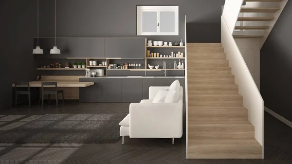Minimalista moderna cocina blanca, gris y de madera en el espacio abierto contemporáneo con escalera limpia, sala de estar con sofá y alfombra, idea de concepto de arquitectura de diseño de interiores —  Fotos de Stock