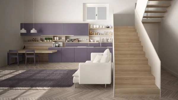 Мінімалістична сучасна біла, фіолетова та дерев'яна кухня в сучасному відкритому просторі з чистими сходами, вітальня з диваном та килимом, концепція дизайну інтер'єру — стокове фото