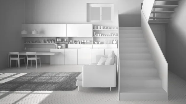 Projeto branco total de cozinha moderna minimalista no espaço aberto contemporâneo com escadaria limpa, sala de estar com sofá e carpete, ideia de conceito de arquitetura de design de interiores — Fotografia de Stock