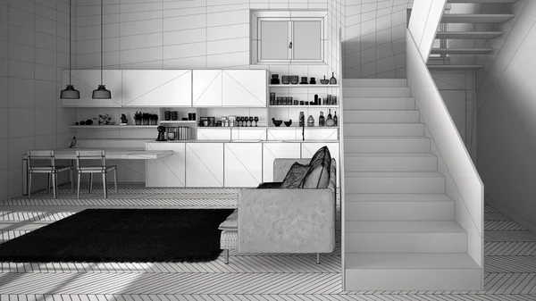 Temiz merdiven, kanepe ve halı ile oturma odası, modern iç tasarım mimari konsept fikri ile çağdaş açık alanda minimalist modern mutfak bitmemiş proje