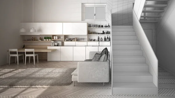 건축가 인테리어 디자이너 개념 : 계단, 거실, 현대적인 인테리어 디자인 개념 아이디어와 열린 공간에서 실제, 미니멀 한 현대 부엌이되는 미완성 프로젝트 — 스톡 사진