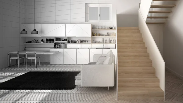 Koncepcja projektanta wnętrz architekta: niedokończony projekt, który staje się prawdziwym, minimalistycznym nowoczesnej kuchni w otwartej przestrzeni z klatką schodową, pokój dzienny, nowoczesny pomysł koncepcji wnętrz — Zdjęcie stockowe