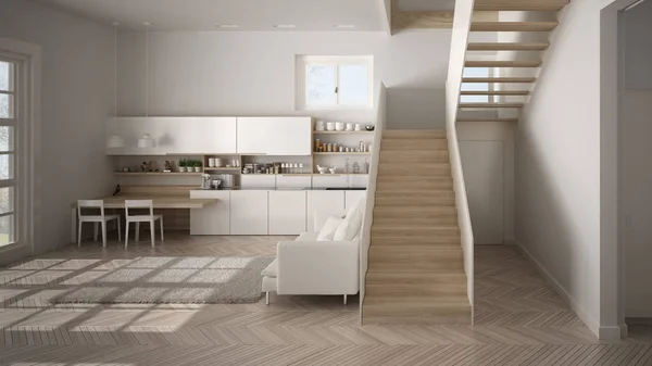 Мінімалістична сучасна біла та дерев'яна кухня у сучасному відкритому просторі з чистими сходами, вітальня з диваном та килимом, концепція дизайну інтер'єру — стокове фото