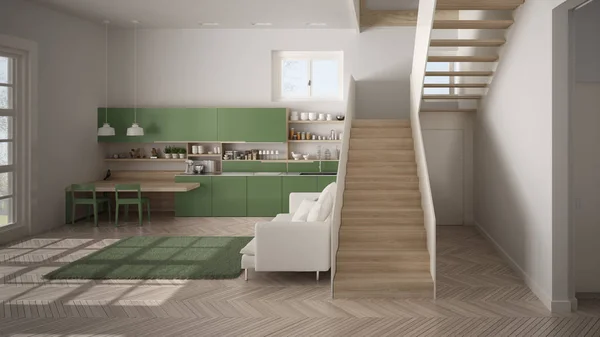 Minimalista moderna cocina blanca, verde y de madera en el espacio abierto contemporáneo con escalera limpia, sala de estar con sofá y alfombra, idea de concepto de arquitectura de diseño de interiores —  Fotos de Stock