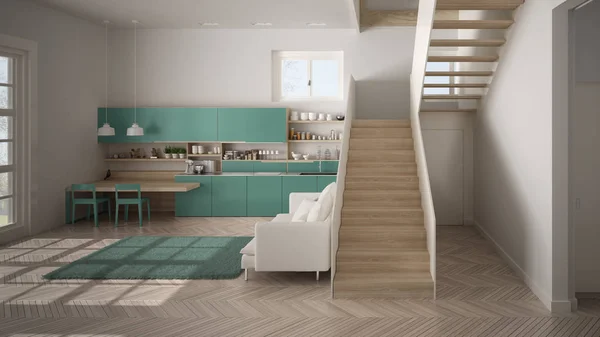 Cuisine moderne minimaliste blanche, turquoise et en bois dans un espace ouvert contemporain avec escalier propre, salon avec canapé et tapis, idée de concept d'architecture d'intérieur — Photo