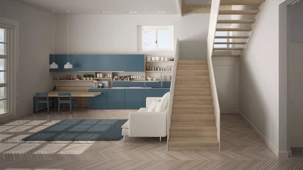 Μινιμαλιστική μοντέρνα λευκή, μπλε και ξύλινη κουζίνα στο σύγχρονο ανοιχτό χώρο με καθαρή σκάλα, σαλόνι με καναπέ και χαλί, εσωτερική διακόσμηση αρχιτεκτονικής ιδέα — Φωτογραφία Αρχείου