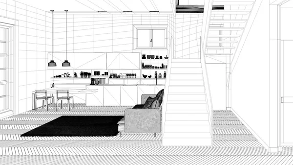 Blueprint proje taslağı, minimalist modern beyaz, merdiven ile çağdaş açık alanda mor ve ahşap mutfak, kanepe ve halı ile oturma odası, iç tasarım konsept fikri